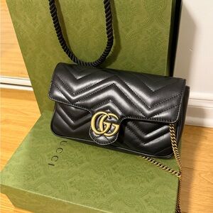 Gucci Black Marmont Chevron Crossbody with Gold GG